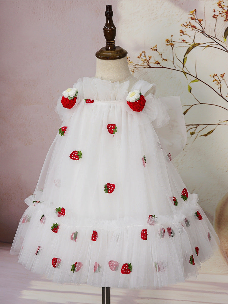White Strawberry Tulle Dress with Big Bow for Toddler – Baby Glow Bliss